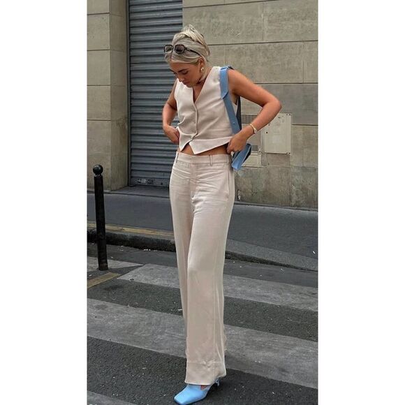 ZARA WIDE FLOWY PANTS NEW BEIGE - Picture 1 of 7